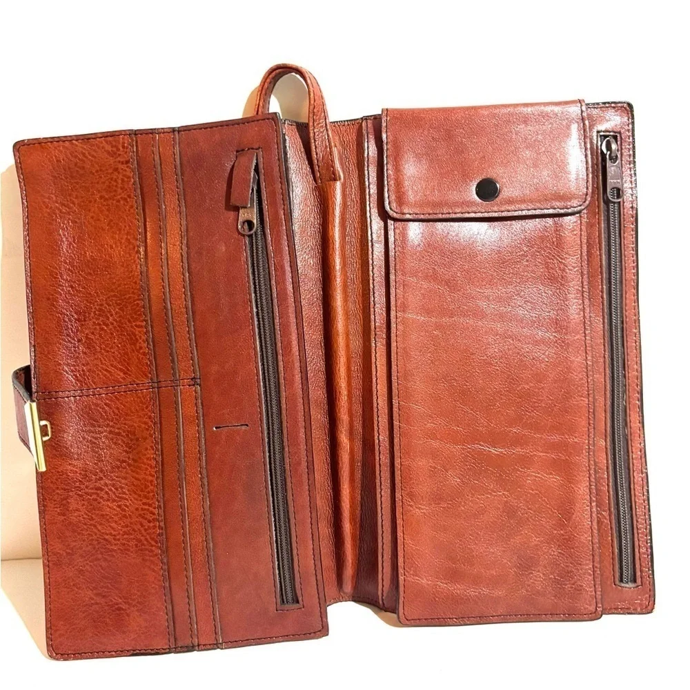Vintage unisex Brown Leather Wallet wristlets with Gold Clasp
